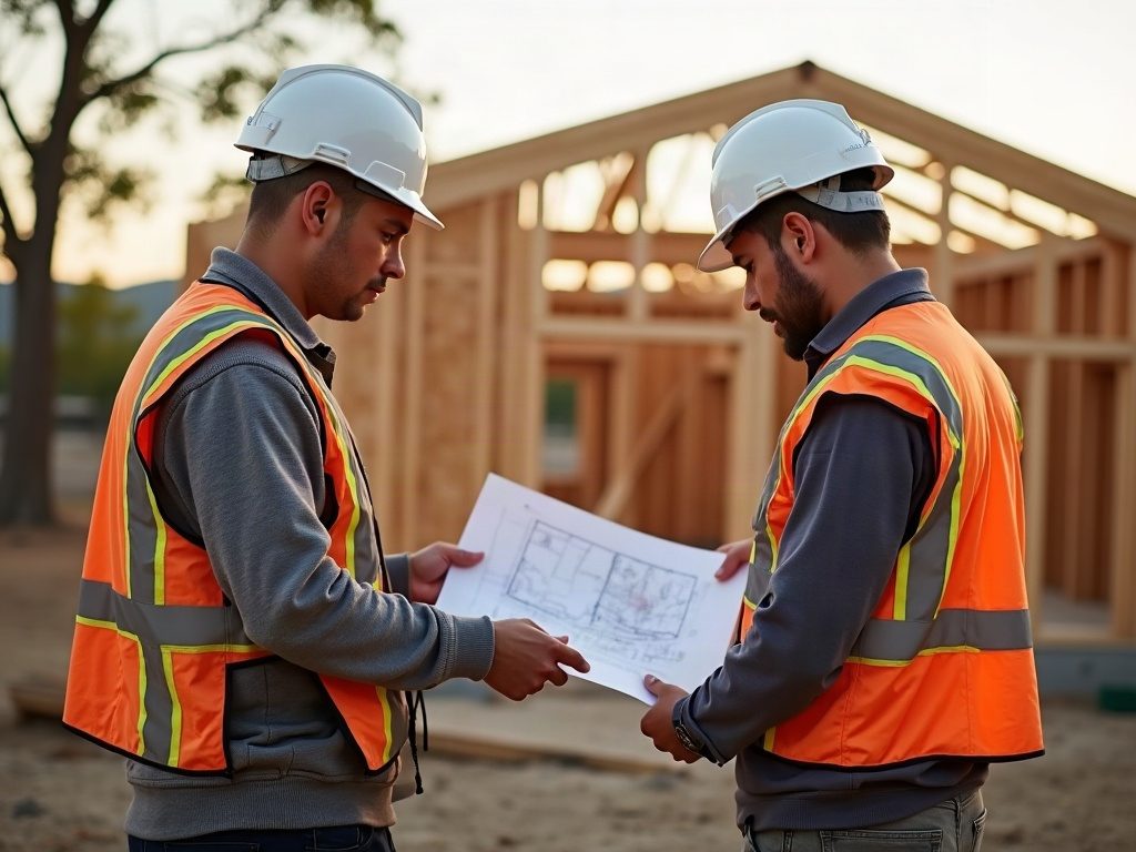 Two Australian builders in hi-vis reviewing house plans on a new residential construction site, showing specialist build expertise.