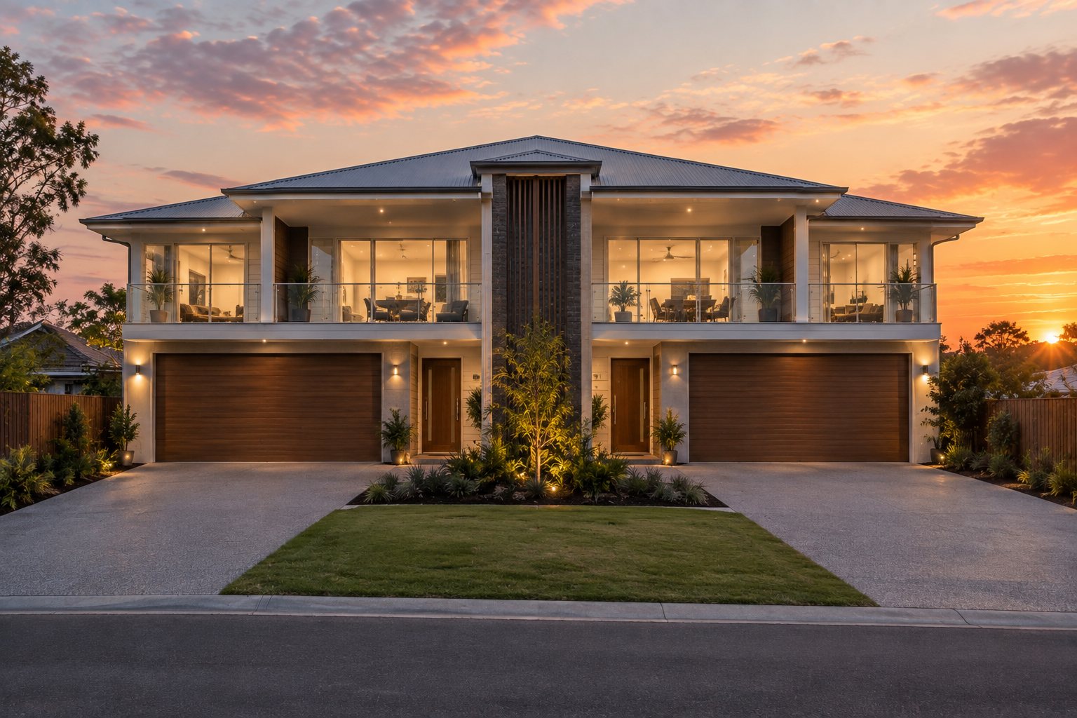 A two-storey Australian duplex at sunset, on creating instant equity through duplex investment