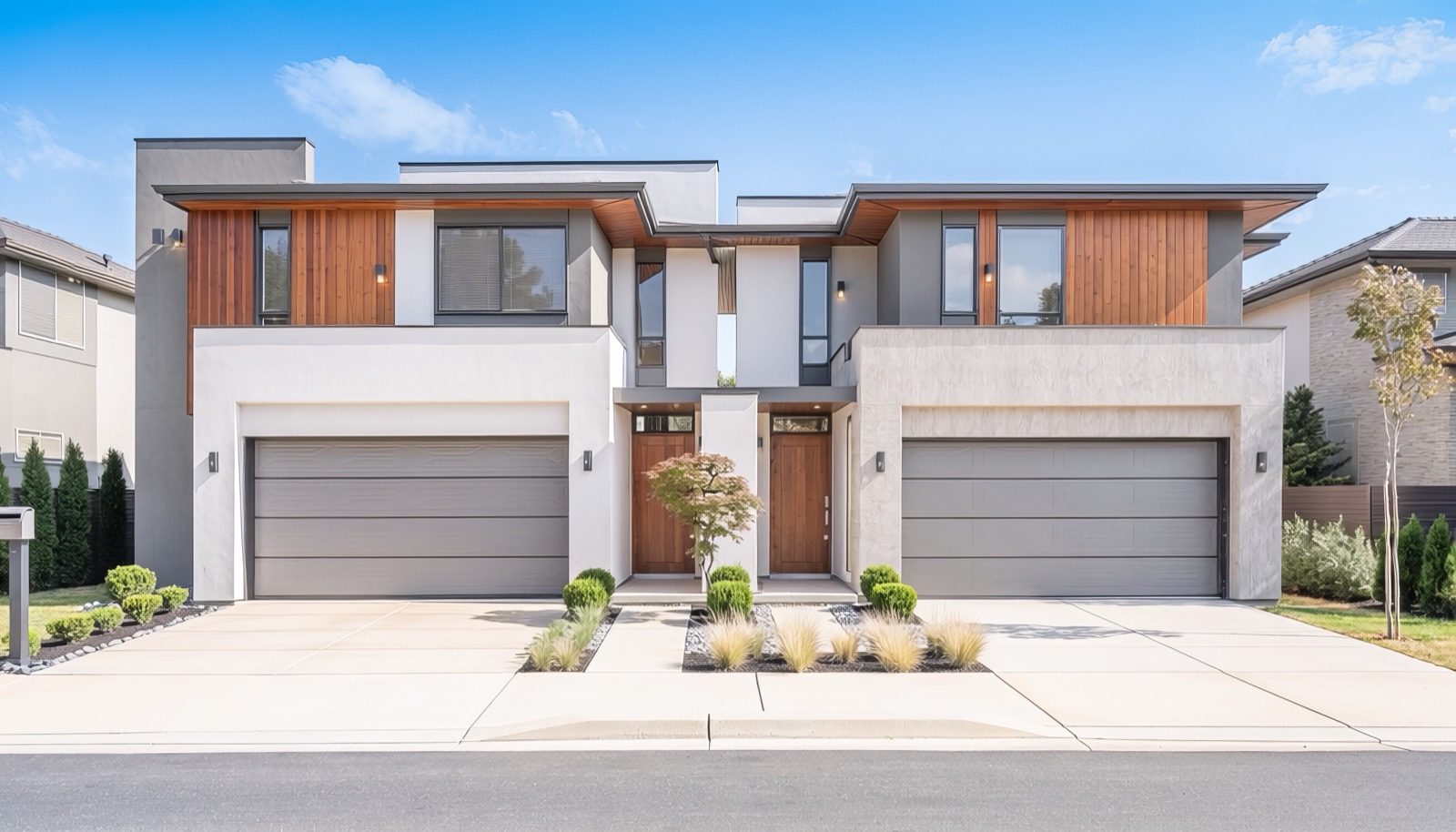 A modern Australian duplex with two double garages, two front doors and rendered and timber facade on a landscaped block.