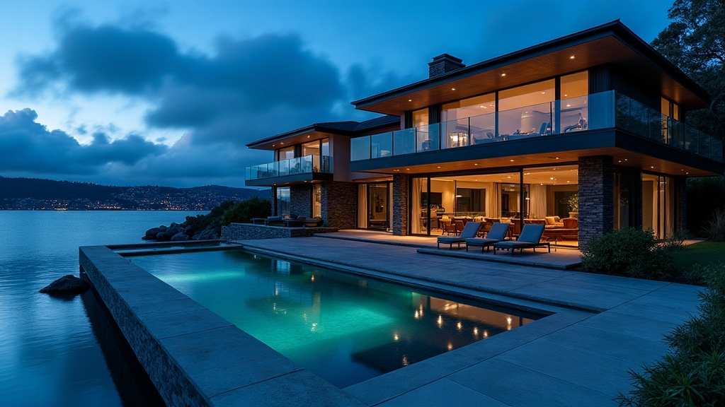 A large luxury waterfront mansion in an affluent Australian suburb at dusk, representing the top end of the market where the falls are concentrated.